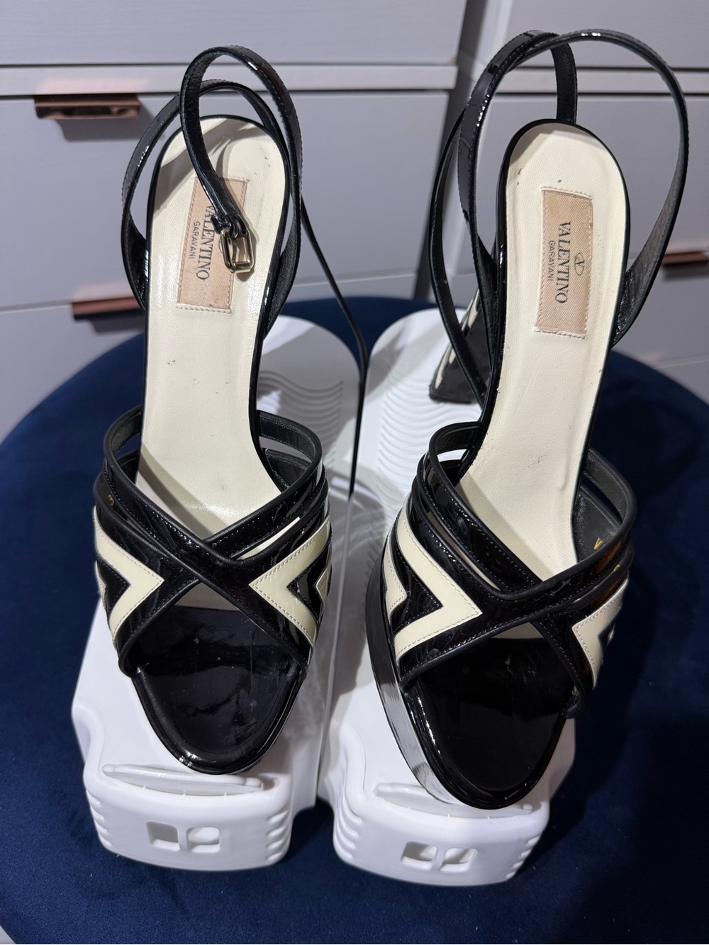 Valentino Black and Cream Patent Leather Crisscross Slingback Heels